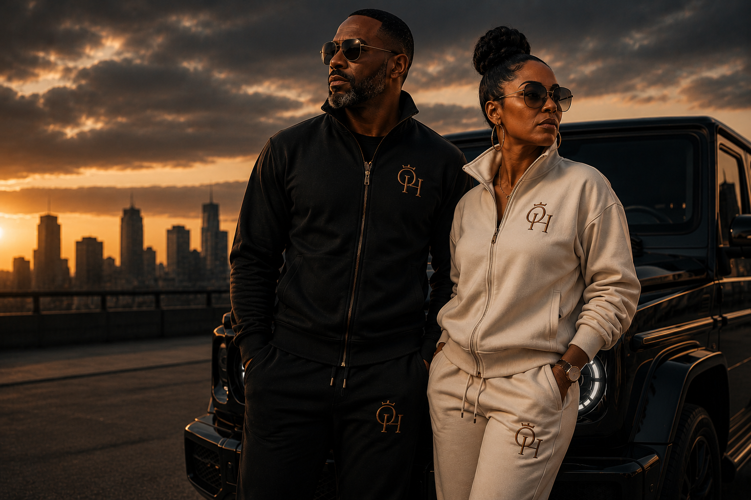 A mature Black man and woman in luxury streetwear on a city rooftop at golden hour
